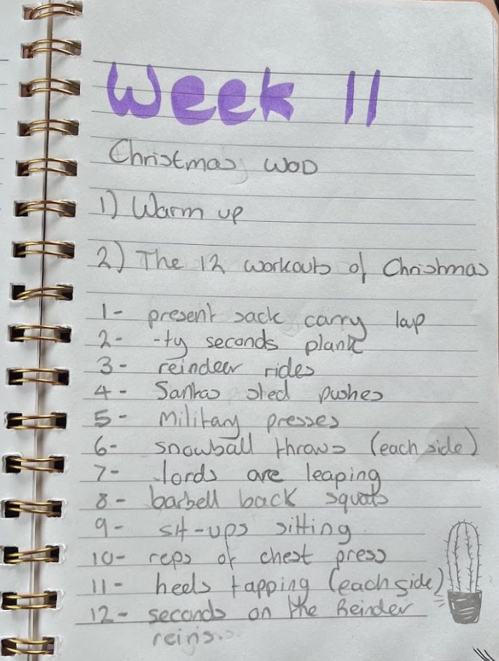 A handwritten Christmas workout plan for the fitness ECA
